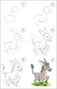 How to draw step by step a cute little donkey. Educational page for kids. Back to school.