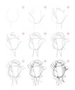 How to draw step-wise beautiful rose flower bud. Creation step by step pencil drawing. Educational page for artists.