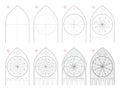 How to draw step-wise sketch of Gothic stained glass window with rose. Creation step by step pencil drawing.