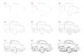 How to draw step-wise sketch of road cleaning watering machine. Creation step by step pencil drawing of car.