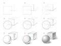How to draw step-wise still life sketch of geometric shapes, cube, ball. Creation step by step pencil drawing. Royalty Free Stock Photo