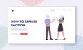 How to Express Emotion Landing Page Template. Woman Character Wear Angry Mask Scream on Man who Hide his Face