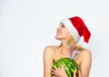 How to give your body basic detox. Girl attractive naked wear santa hat hug watermelon white background. Winter detox Royalty Free Stock Photo