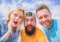 How to impress people. Shocking impression. Men with beard and woman looking shocked. No way. Friends shocked faces