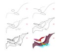 How to learn to draw flying pterodactyl. Educational page for children. Creation step by step animal illustration. Printable Royalty Free Stock Photo