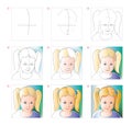 How to learn to draw sketch of cute little girl. Creation step by step watercolor painting. Educational page for artists. Textbook