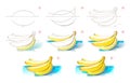 How to learn to draw sketch of a bunch of bananas. Creation step by step watercolor painting. Educational page for artists.