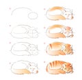 How to learn to draw sketch of cute sleeping ginger cat. Creation step by step watercolor painting. Educational page for artists. Royalty Free Stock Photo