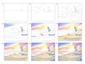 How to learn to draw sketch of seascape with sea waves and sailboat. Creation step by step watercolor painting. Educational page
