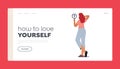 How to Love Yourself Landing Page Template. Self Anger, Loathing, Low Esteem Concept. Female Character Look in Mirror