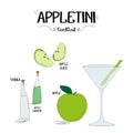 How to make an apple cocktail set with ingredients for restaurants and bar business vector illustration