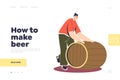 How to make beer landing page concept with man rolling wooden barrel of fresh brewed beer