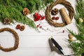 How to make christmas door wreath. The working process. The decorator`s workplace. Top view