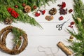 How to make christmas door wreath. The working process. The decorator`s workplace. Top view