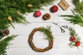 How to make christmas door wreath. The working process. The decorator`s workplace. Top view