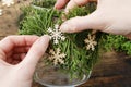 How to make decorative christmas jar for candles with thuja twigs wreath and wooden stars