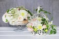 How to make floral decorations on summer party table. Centerpiece with rose, dahlia and hortensia flowers Royalty Free Stock Photo