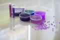 How to make fluffy slime at home. Defocused lilic, violet, blue slimes inside plastic boxes.