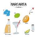 How to make an Margarita cocktail set with ingredients for restaurants and bar business vector illustration