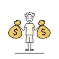 make money, rich male character holding two money bags, teen boy with money sacks sketch, black line doodle vector