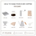 How to make pour over coffee brew guide infographic square post template. Set of V60 drip coffee tools and ingredient