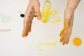 How to make slime. A female hands holds yellow homemade slime is a children`s toy close up. Composition sodium tetraborate and gl