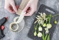 How to make wrist corsage for bride using rose and eustoma flowers Royalty Free Stock Photo