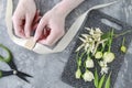 How to make wrist corsage for bride using rose and eustoma flowers Royalty Free Stock Photo