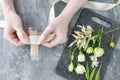 How to make wrist corsage for bride using rose and eustoma flowers Royalty Free Stock Photo