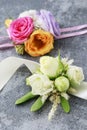 How to make wrist corsage for bride using rose and eustoma flowers, tutorial Royalty Free Stock Photo