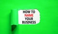 How to name your business symbol. Concept words How to name your business on beautiful white paper. Beautiful green paper