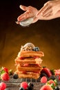 How to powdering traditional homemade waffles with icing sugar. Waffles with ice cream, caramel sauce and fresh berries. Delicious Royalty Free Stock Photo