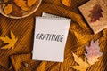 How to Practice Gratitude. Writing Autumn fall gratitude journal. Open paper notebook pages with Text gratitude and fall