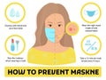 How to prevent Maskne tips - acne or irritation caused by wearing protective face mask during Coronavirus pandemic. Infographic