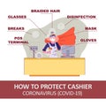 How to protect cashier at grocery food store and pharmacy from infection coronovirus. Infographics Warning Banner. Seller in cash