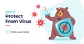 How to protect from virus vector illustration with a cute bear character. Protect from covid-19 virus for kids concept