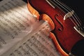 How to Read Violin Notes Close up view of brown wood violin lying on the sheet with music notes.