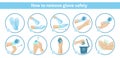 How to remove disposable gloves safely tips, vector infographic. Recycle disposable rubber gloves. Royalty Free Stock Photo