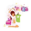 How to report a pregnancy. Christmas gifts under the white tree. Pregnant girl draws on the shirt a white heart