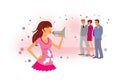 How to report pregnancy to employees and friends. A pregnant girl in a pink dress shouts into a megaphone. Two men and a woman in