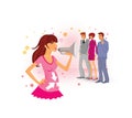 How to report pregnancy to employees and friends. A pregnant girl in a pink dress shouts into a megaphone. Two men and a woman in Royalty Free Stock Photo