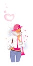 How to report a pregnancy. A girl in a pink hat presses her index finger to her lips. In the girl`s hand a positive pregnancy tes