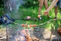 How to roast sausages with vegetables. Sausages on stick bonfire background. Smoky smell of roasted food. Roasty toasty Royalty Free Stock Photo