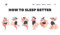 How to Sleep Better Landing Page Template. Female Sleeping Poses, Girl Lying in Bed in Various Comfortable Positions Royalty Free Stock Photo