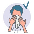 How to sneeze or cough correctly infographic.2019nCoV virus protection.Man character sneezing,coughing into paper napkin