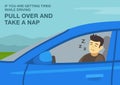 How to stay awake when driving. If you are getting tired, pull over and take a nap. Close-up of a sleeping male driver.