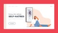 How to Stop Self Hatred, Loathing and Anger Landing Page Template. Man Sit on Floor with Broken Head near Cracked Mirror