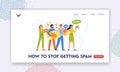 How to Stop Spam Landing Page Template. Annoying Salespeople Characters Insistently Announce Special Offers Royalty Free Stock Photo