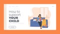 How to Support your Child Landing Page Template. Mother Calm Down Little Frightened and Crying Son Sitting on her Knees