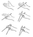 How to use chinese or japanese chopsticks instruction. Eating asian food with special tool guide. Instruction poster for